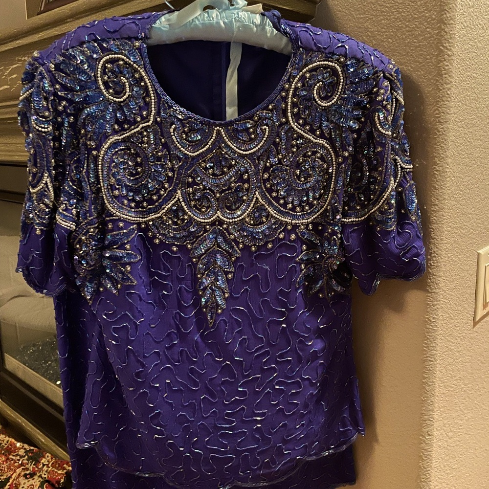 Blue sequin blouse with matching skirt